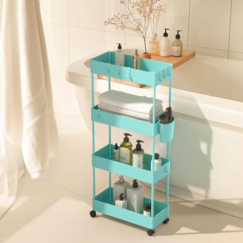 Pipishell 4 Tier Slim Storage Cart with Wheels, Laundry Cart, Turquoise - color: Turquoise, size: 4-Tier