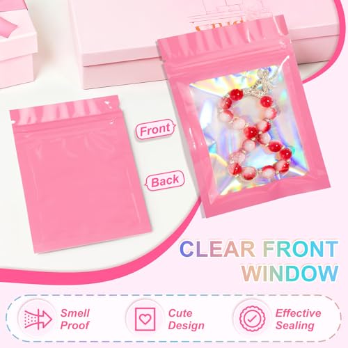 ANZNKU 100PCS Holographic Pink Mylar Bags, Resealable Smell Proof 5.5x7.9 - color: Pink, size: 5.5 x 7.9 Inch