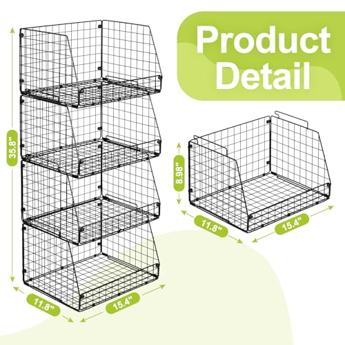 4 Pack XXL Stackable Wire Storage Basket, Extra Large Capacity Pantry Organizer and Storage, Muti-Purpose for Vegetable Fruit Basket & Can Organizer & Snack Rack & Metal Pantry Bin - size: 4 Pack-Wide 15.4"W x 11.8"D