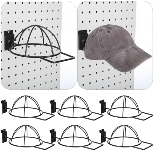 6 Pcs Metal Hat Display and Holder, Wall Mounted Slatwall Rack Organizer for Baseball Caps, Beanies, Wigs, for Home and Retail Store, Black
