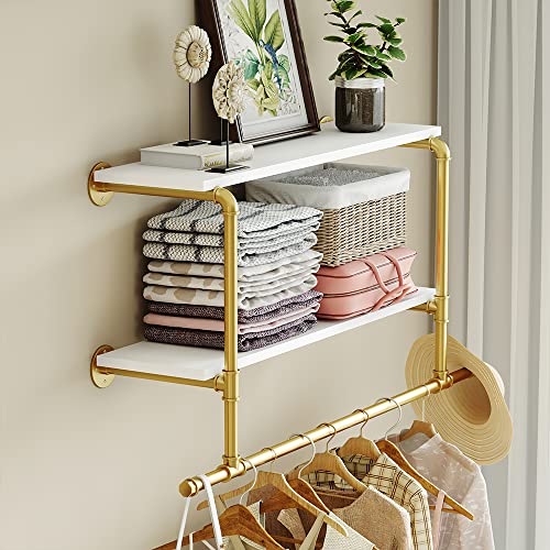 Gold Wall Mounted Clothes Rack with 2 Tier Shelves, 42" Long, Heavy Duty Iron and Wood Construction, Ideal for Clothes, Laundry Room - color: Gold, size: 42"L