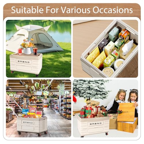 Folding Utility Cart Portable Rolling Crate Handcart Shopping Trolley Collapsible Tool Box with Wooden Lid, Basket on 4 Rotate Wheels, for Grocery, Office, Luggage, Teacher, Travel (White)
