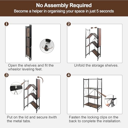 4 Tier Folding Shelf with Wheels, Wood and Metal Bookshelf - color: Brown Wooden, size: 4 Tier
