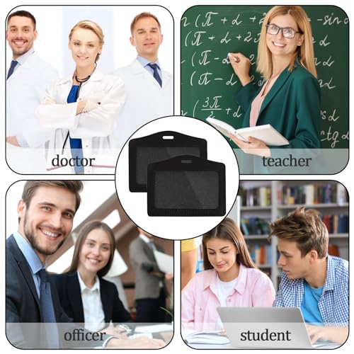 2 Pcs Genuine Leather ID Badge Holder Horizontal Single-Side Clear Card Holder Waterproof Name Badge Holder for Office, Staff, Students, Employees (Black&Black) - color: 1 Sided Clear, Black&black Horizontal