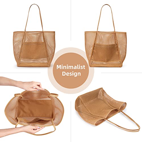 KALIDI Beach Mesh Tote Bag, Casual MAX 23L Summer Foldable Hobo Bag Women - color: Kakhi
