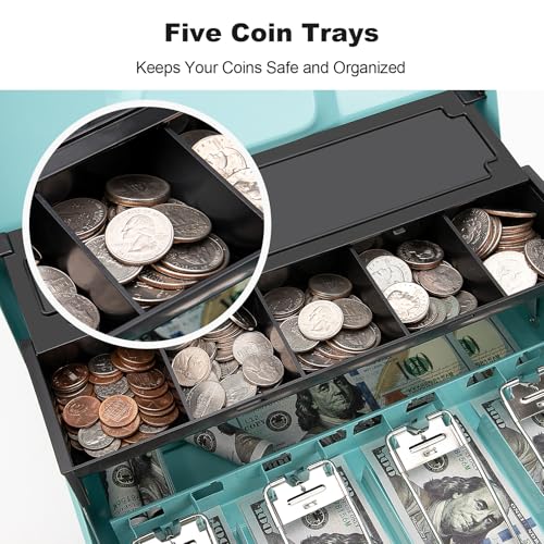 Cash Box with Key Lock & Auto-Pop Coin Tray – Secure Steel Money Box with 4 Upgraded Finger-Safe Bill Clips, Premium Smooth Scratch-Resistant Coating, 11.8"L x 9.5"W x 3.5"H, KL Teal - color: KL Teal