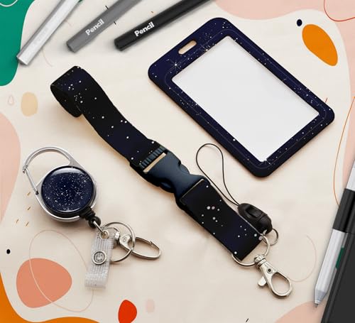 ID Badge Holder with Lanyard,Retractable ID Badge Card Holders Detachable Neck Lanyard Strap with Badge Reel and Vertical ID Holder for Nurse Students Teachers Office Staff(Starry Sky) - color: Starry Sky