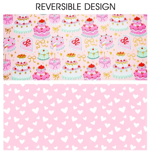 Homeral Birthday Cake Wrapping Paper Roll - Pink Cakes with Gold Metallic Foil & Heart Pattern, Reversible Gift Wrap for 1st Birthday, BABY Shower, Party - Mini Roll - 17 Inch x 33 Feet - color: Pink Cakes, size: 17in*33ft