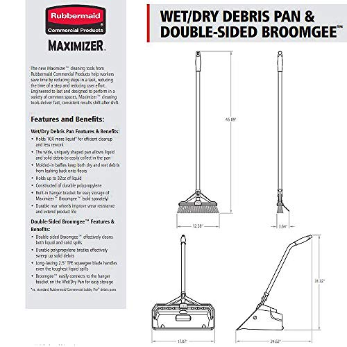 Rubbermaid Commercial Products Maximizer Wet/Dry Debris Dustpan with Hanger Bracket, Black, Outdoor/Indoor for Wet and Dry Floor Cleaning, Compatible with and Broom/Squeegee