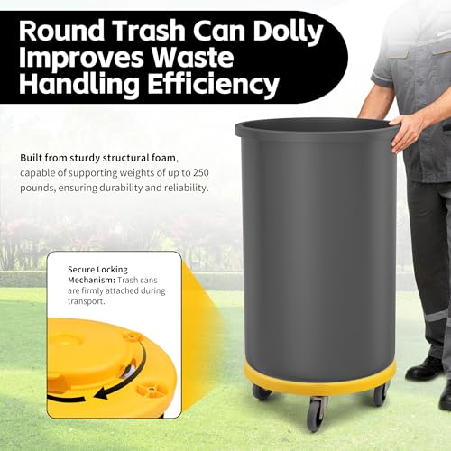 MaxWorks 18‑Inch Trash Can Dolly with 5 Swivel Casters High‑Visibility Yellow Rolling Base with Multi Size Compatibility for 20 to 55 Gallon Containers 250 lb Capacity Twist‑Lock Design (50933) - style: 20-55 Gal / 250lb capacity