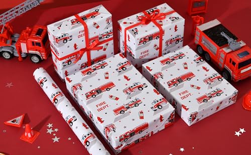 Sikiweiter Fire Truck Wrapping Paper Roll – 17 Inches x 16.5 Feet, Red Fire Engine Print, Perfect for Kids’ Birthday Parties, Firefighter-Themed Gifts & Celebrations(Fire Fighting Truck) - color: Fire Fighting Truck