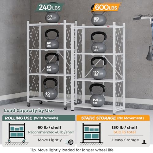 DEANIC 4 Tier Foldable Storage Shelves with Wheels, Large Capacity Shelving Unit, Freestanding Metal Wire Shelf Rack, No Assembly Organizer Rack for Garage Kitchen, Basement, Pantry(White) - color: White
