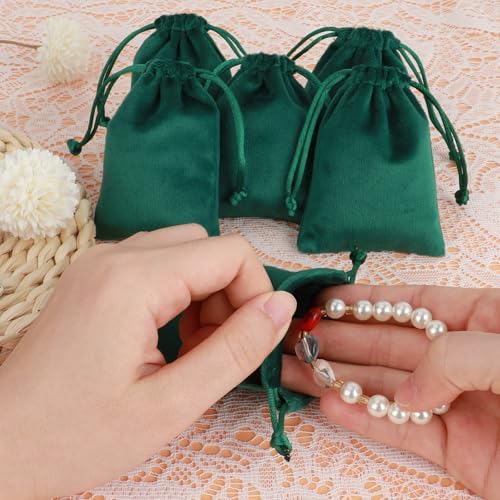 Tapleap 12Pcs Small Jewelry Bags, 2¾x 3½” Green Velvet Drawstring Pouch - color: Green, size: 2¾ x 3½in