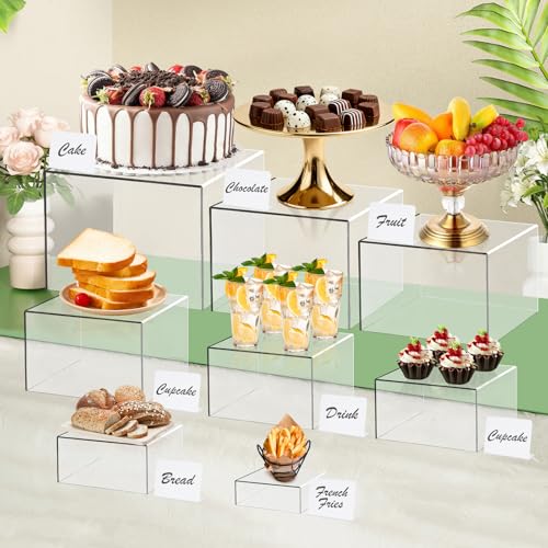 8 Pcs Clear Acrylic Boxes for Display, Acrylic Food Risers & Acrylic Cube Set (3"-8"), with 8 White Display Boards & 2 Markers, Clear Risers for Food, Decor, Party, Retail
