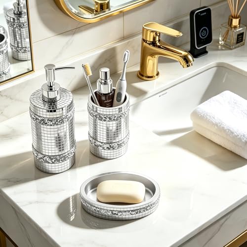 Silver Mirrored Mosaic Glass Toothbrush Holder - size: Toothbrush Holder