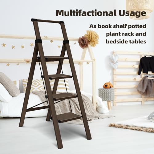 HillhutApex Aluminum 4 Step Ladder, Step Stool Foldable Ladder(Walnut) - color: Walnut, size: 4 Step With Handrail