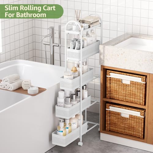 KINGRACK 5 Tier Slim Rolling Cart with Drawer, Metal Utility Storage Cart - color: White, size: 5 Tier