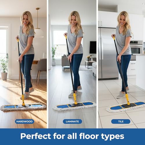 24”Dust Mop for Floor Cleaning, Heavy Duty Sweeper Broom Catches Dust, Pet Hair, and Debris, Washable 2 Cotton Mop Pads, Floor Duster for Hardwood, Tile, Laminate, and LVP Flooring