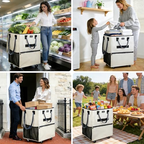Large Reusable Grocery Bag On 5 Wheels, 130L Foldable Rolling Tote Bag - color: Beige, size: Large
