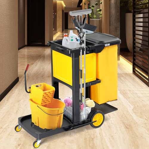 TUFFIOM Janitorial Cart with Key-Locking Cabinet, 3-Shelf Commercial Cleaning Cart, Housekeeping Caddy with Locker,Wheeled with Yellow Vinyl Bag, Black, Great for Hotel, Stores, Schools, and Business - color: Black