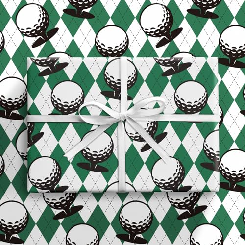 RUSPEPA Golf Wrapping Paper Roll for Men Boys, Mini Roll, Classic Golf Ball and Argyle Plaid Design, Green and White Gift Wrap for Father's Day, Birthday, Sports Party, 17 Inches x 16.4 Feet - color: Golf Ball