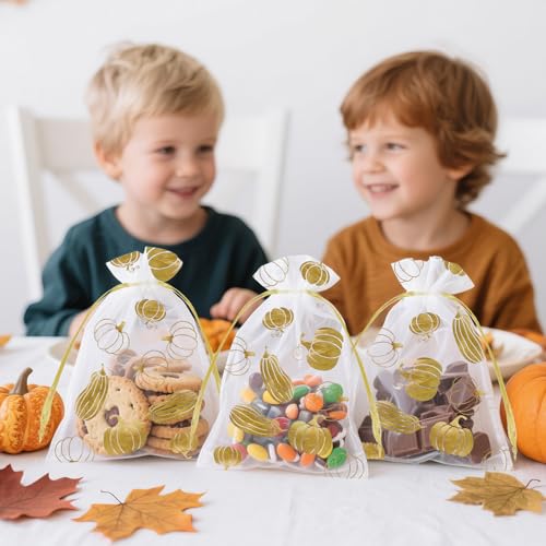 G2PLUS 50PCS Fall Organza Bags, White Sheer Drawstring Mesh Pouches, 4x6 in - color: Gold Pumpkin-Thanksgiving