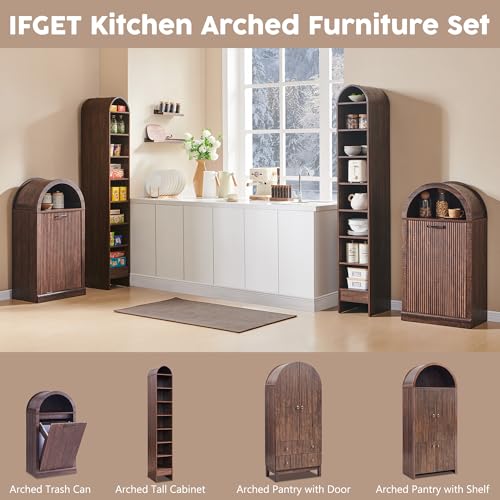 IFGET Arch Tilt-Out Trash Can Cabinet, Fluted Kitchen Trash Can 10 Gallon with Open Shelf, Modern Laundry Hamper Cabinet, Hidden Garbage Can with Storage Basket for Living Room, Kitchen Brown - color: Brown
