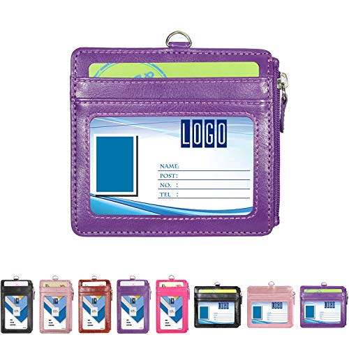 Wisdompro PU Leather ID Badge Holder Lanyard with Zipper Pocket, Purple - color: Purple, size: Horizontal