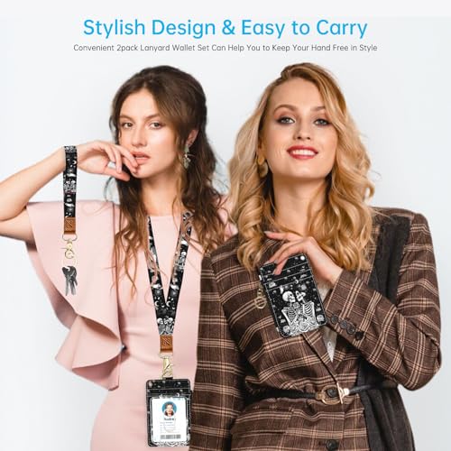 2-in-1 ID Badge Holder & Lanyard Wallet,Cute Zippered Pouch Skeleton Love - color: Skeleton Love