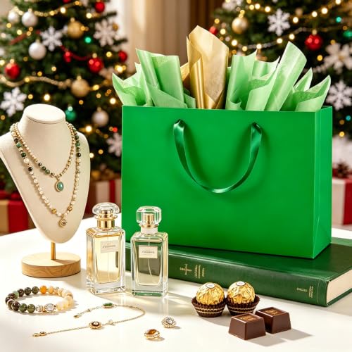 Epoesch 4 Pack Medium Green Gift Bags with Handles and 12 Tissue Papers - color: Green Gift Bags