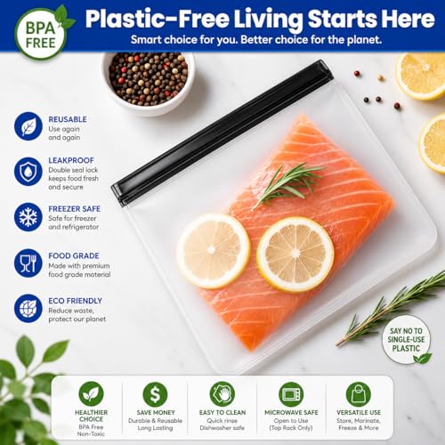 Reusable Silicone Food Storage Bags – 14-Pack Ziplock Set (4 Small, 6 Medium, 4 Large), BPA-Free Leakproof Freezer Bags, Extra Thick & Durable, Dishwasher Safe for Meal Prep, Snacks, Travel