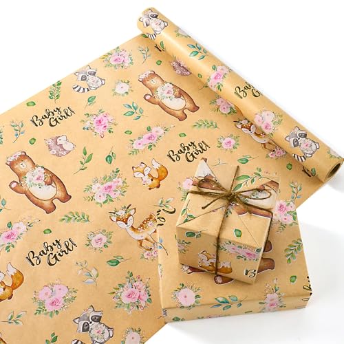 WERNNSAI Baby Girl Kraft Wrapping Paper Roll, 33 ft Baby Shower Wrap Paper - color: Baby Bear-Girl