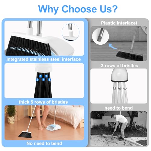 Broom with Dustpan Combo Set for Home, 52-in Long Adjustable Handle Angle Broom and Dustpan Set with Dustpan Comb Teeth for Sweeping Pet Hair Food Dirt Kitchen (White-Blue) - color: White-blue