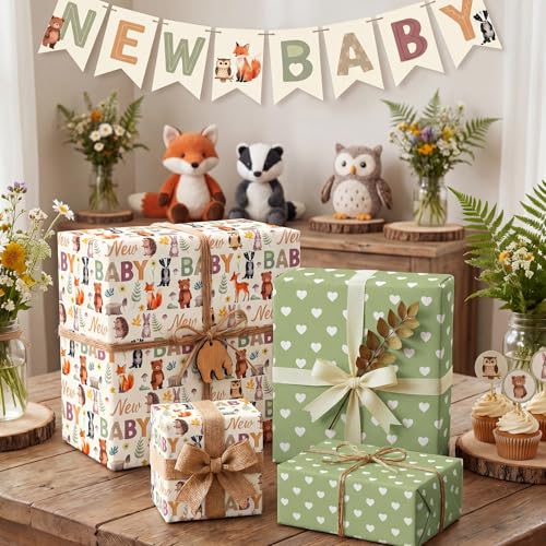 woric Baby Shower Wrapping Paper Roll 17 Inch x 33 Feet Neutral Gift Wrap - color: Green Woodland Animal