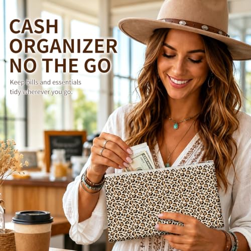 Money Bag with Zipper, Cute PU Leather Cash Bags, Portable Bank Bag Money Pouch for Cash, Coins, Checks, Receipts, Invoices Cosmetics Tools, Deposit Bag for Office Travel, Leopard - color: Leopard