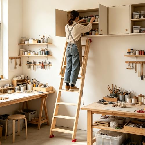 6.5ft Folding Wooden Loft Ladder, 8 Steps Rolling Library Ladder with Dual Handrails, Industrial Style SolidWood Step Ladder, Portable Loft Attic Ladder, 660LBS, for Attic, Warehouse, Library - size: 6.5ft