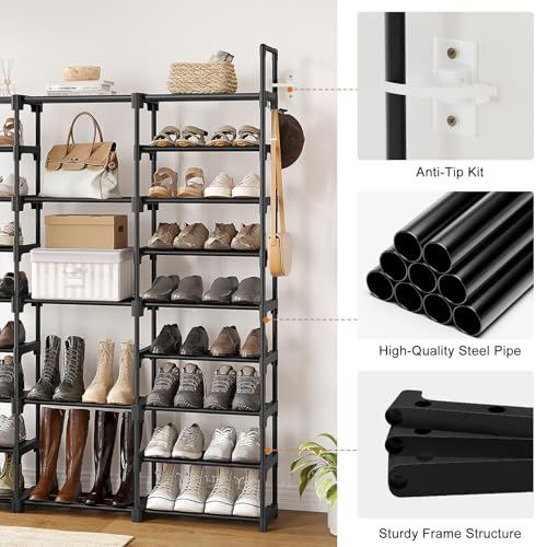 WOWLIVE 9 Tier 3-Column Shoe Rack, 50-55 Pairs Stackable Black - color: Black, size: 3 Row 9 Tier