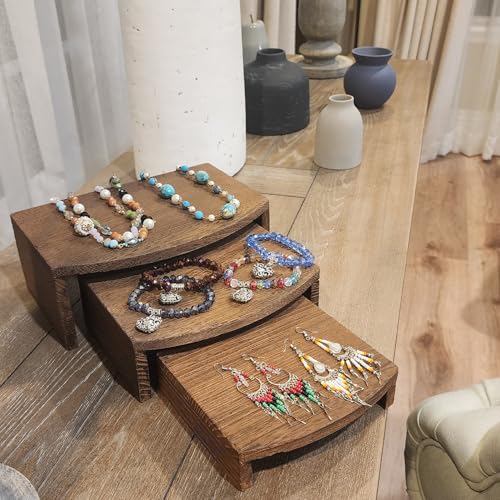 MOOCA 3-Piece Wood Hexagon Jewelry Display Stand Risers for Accessories - color: Brown