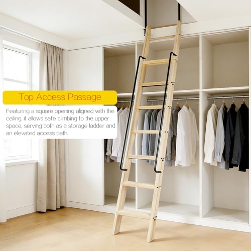 120" Solid Wood Sliding Library Ladder,10 Step Wooden Ladder with Handrails - size: Height 120"