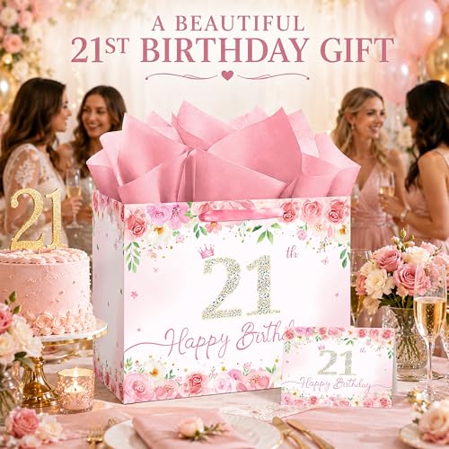 QISOLIY Pink Floral 21st Birthday Gift Bag for Women, Large Happy 21st Birthday Gift Bag with Tissue Paper and Greeting Card Included, Elegant Birthday Present Bag for Daughter, Sister, Best Friend and Her - color: 21th