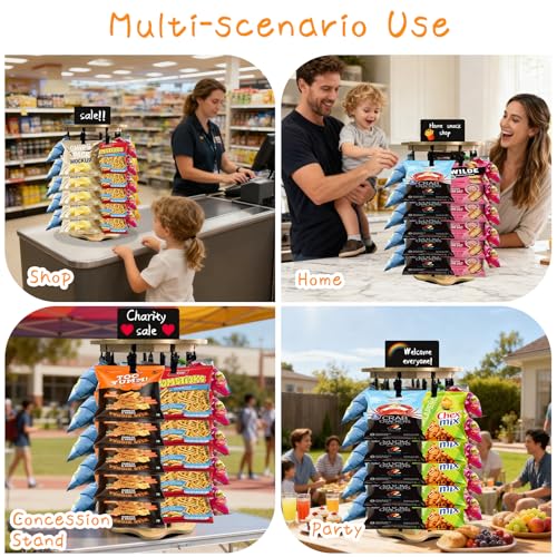 Mazatzal 5 Tiers 40 Clips Chip Rack Display Stand, 360° Rotating Snack Organizer with Flower Shape Wooden Base, Countertop Candy Holder for Party, Retail Store, with Message Board