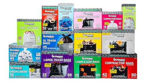 Ultrasac 55-60 Gallon 6.0 MIL Black Heavy Duty Trash Bags - 39" x 58" - Pack of 15 - For Contractor, Construction, & Industrial,UL-39586BK