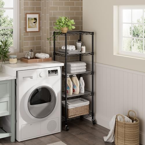 Golpart Small Shelves Storage Wire Metal Adjustable Shelf Unit with Wheels - color: Black, size: 5-Tier(11.7 "D X 17.7"W X 57.2"H)