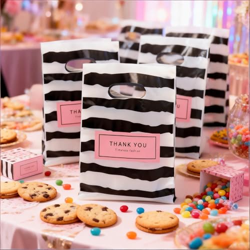 MOCCNORA 100 Pack Plastic Thank You Merchandise Bags with Die Cut Handles - color: BlackStripe, size: 5.9x7.8 Inch