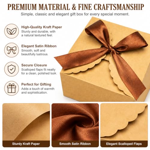 WEWILUCK Brown Kraft Gift Boxes with Ribbons, 8 Pack, 6 x 6 x 3 Inches - color: Brown, size: Medium-Large 6"x6"x3" (8 Pack)