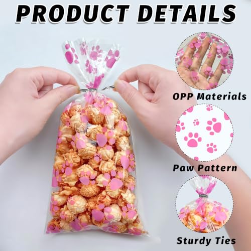 ZYLOP 100 Pcs Pink Dog Treat Bags - 5 x 11 Inch Clear Cellophane Dog Gift Bags with 110 Silver Twist Ties, Paw Print Bags for Pet Treats, Cat Treats, Candy, Cookies & Party Favors - color: Pink Paw 100pcs