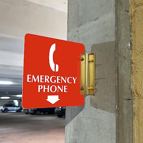 SmartSign "Emergency Phone" Two-Sided PREMIUM Projecting Sign with Down Arrow, Brass Gold Finish Bracket, 6 x 6 inch, 1/16 inch thick Plastic with 3D Appliqué Print, Red/White, Made in USA - color: 6" x 6" Plastic