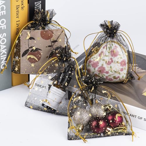 GoClimber 100 PCS 4.0x4.7 Inches Moon Star Printed Orchid Organza Bags, Black Moon and Stars Bag for Make up,Candy, Gifts, Party, Jewelry, Festival, Net Favor Drawstring goody Bags