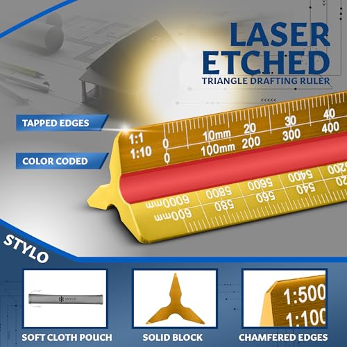 Stylo Architectural Scale Ruler, 12 Inch Aluminum, Yellow Metric - color: Yellow, size: 12 inch (Metric)