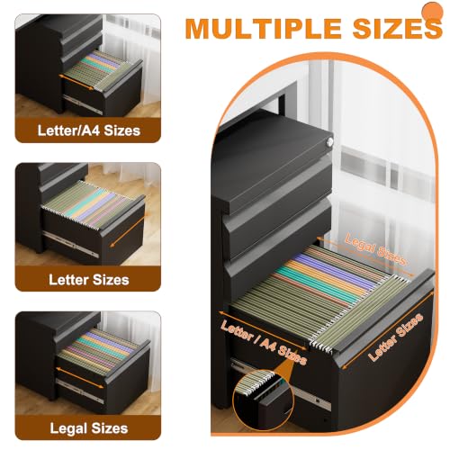 3 Drawer Metal Mobile File Cabinet with Lock and 4 Keys - color: Black, size: 23.6"H*14.6"W-3 Drawers
